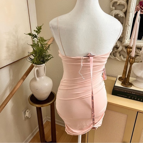 OH POLLY Charm Me Ruched Asymmetric Mini Dress in Blush Size‎ 6 NWOT - Picture 3 of 10